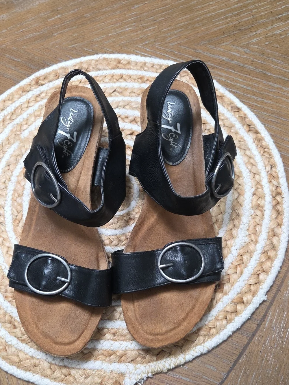 Vintage 7 Eight Black Double Buckle Comfort Wedge, Size 10